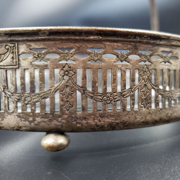 Art Nouveau Divided Glass Bowl with Distressed Silver Plate Holder Candy Snacks - Picture 12 of 16
